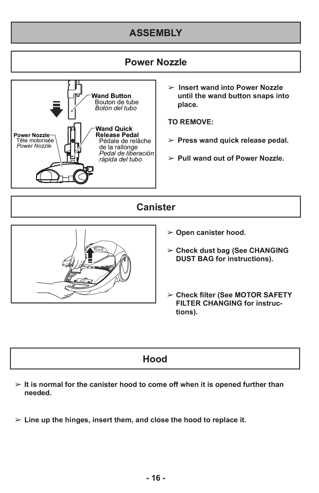 Panasonic MC-CG937 operating instructions Assembly, Hood, To Remove 